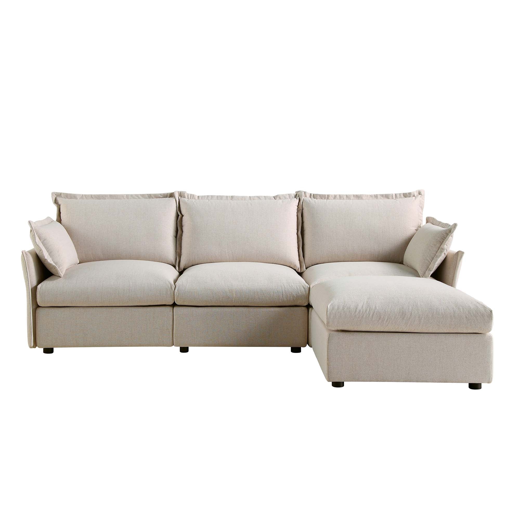 Byron Pillow Edge Beige Fabric Sectional Sofa, 3-Seater Chaise