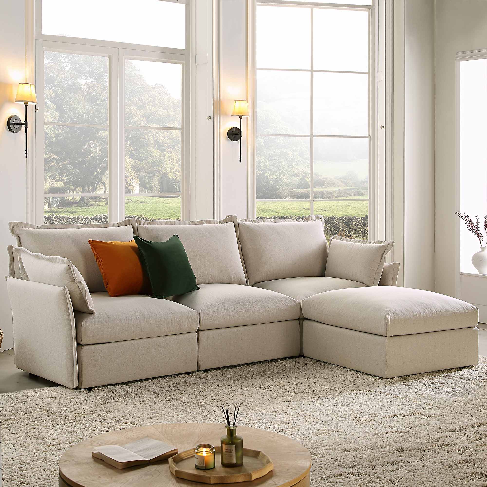 Byron Pillow Edge Beige Fabric Sectional Sofa, 3-Seater Chaise