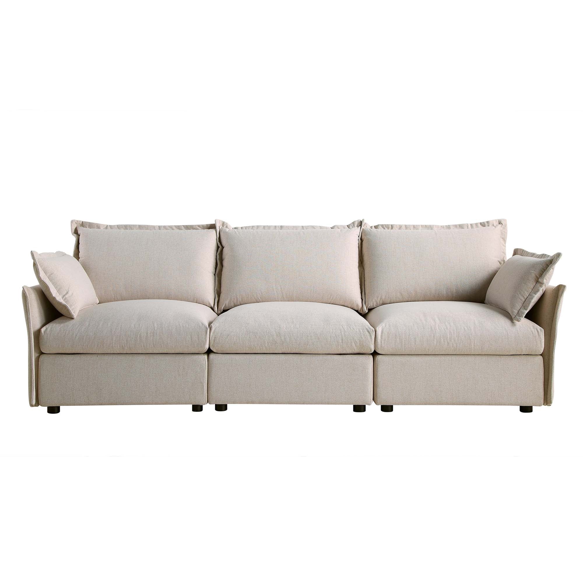 Byron Pillow Edge Beige Fabric Sectional Sofa, 3-Seater