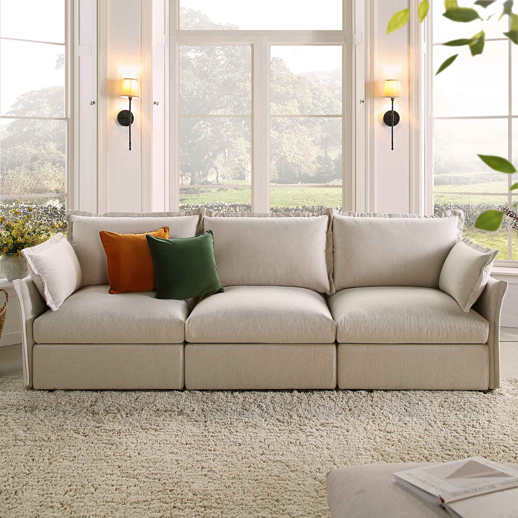 Byron Pillow Edge Beige Fabric Sectional Sofa, 3-Seater